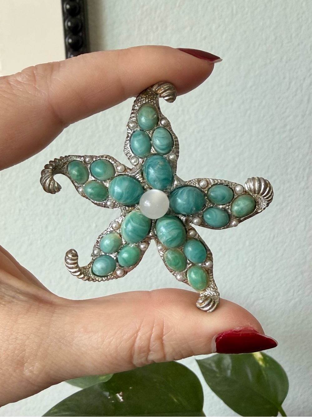 Vintage Marcel Boucher Marboux Starfish Turquoise Cabochons Pearl Brooch MX231